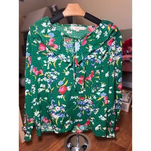 LOFT Petite Floral Ruffle‎ Neck Green Blouse Long Sleeve Top M petite